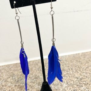 Metallic dipped royal blue feather earrings hanmade